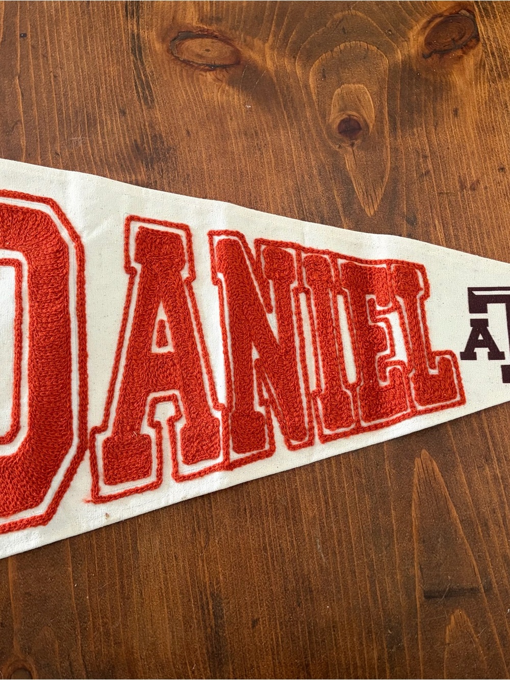 Chenille Letter 'DANIEL' Pennant - Orange on Cream Texas A&M